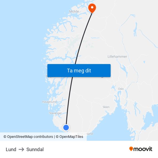 Lund to Sunndal map