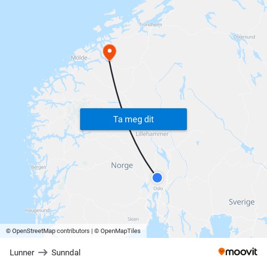 Lunner to Sunndal map