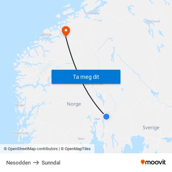 Nesodden to Sunndal map