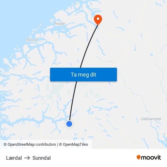 Lærdal to Sunndal map