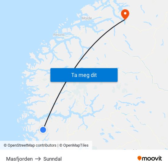 Masfjorden to Sunndal map