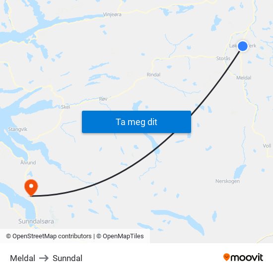 Meldal to Sunndal map