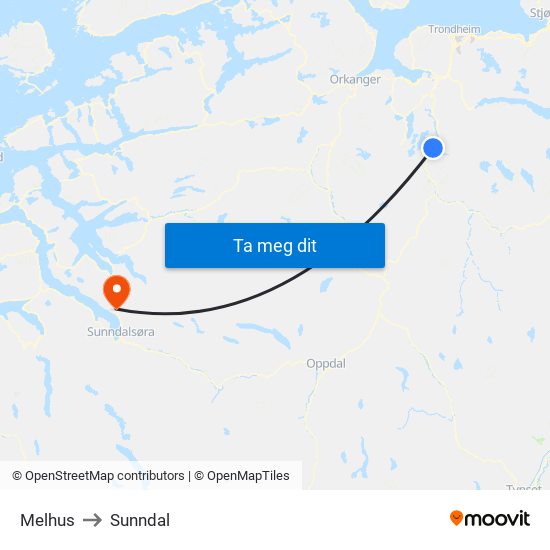 Melhus to Sunndal map