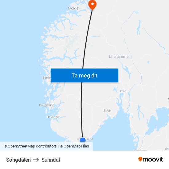 Songdalen to Sunndal map