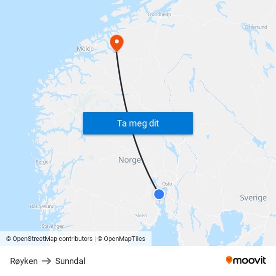 Røyken to Sunndal map