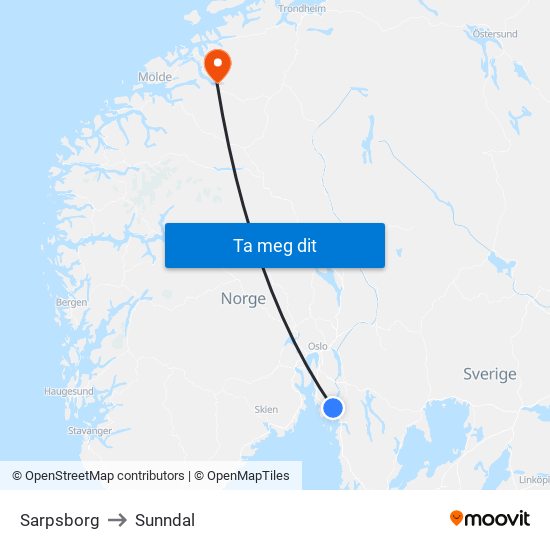 Sarpsborg to Sunndal map