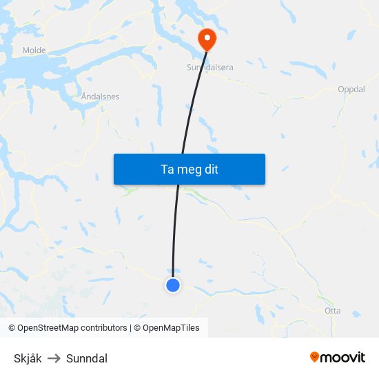 Skjåk to Sunndal map