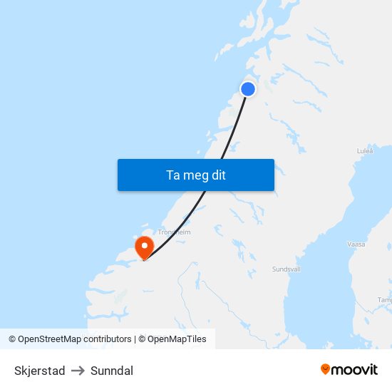 Skjerstad to Sunndal map