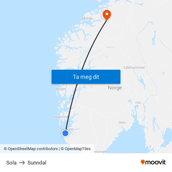 Sola to Sunndal map