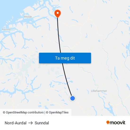 Nord-Aurdal to Sunndal map