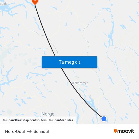 Nord-Odal to Sunndal map