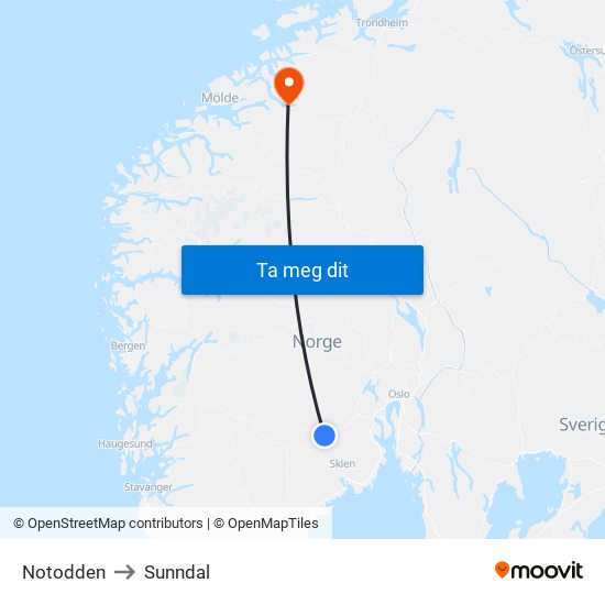 Notodden to Sunndal map