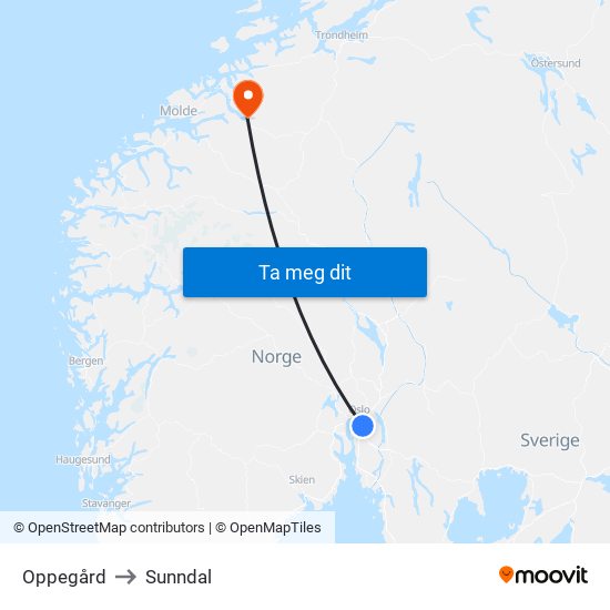 Oppegård to Sunndal map