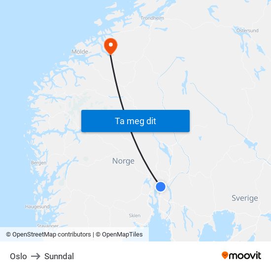 Oslo to Sunndal map