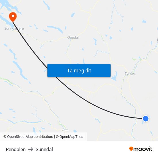 Rendalen to Sunndal map