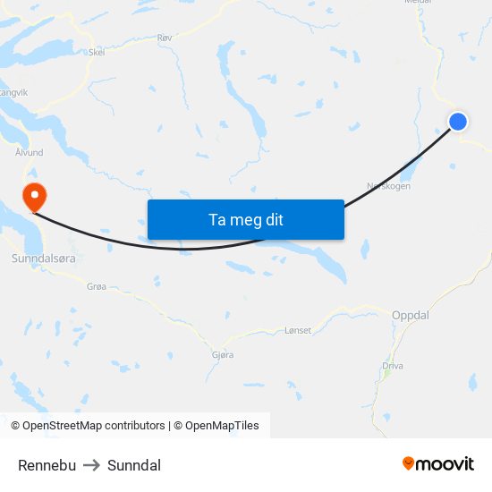 Rennebu to Sunndal map