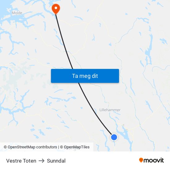 Vestre Toten to Sunndal map