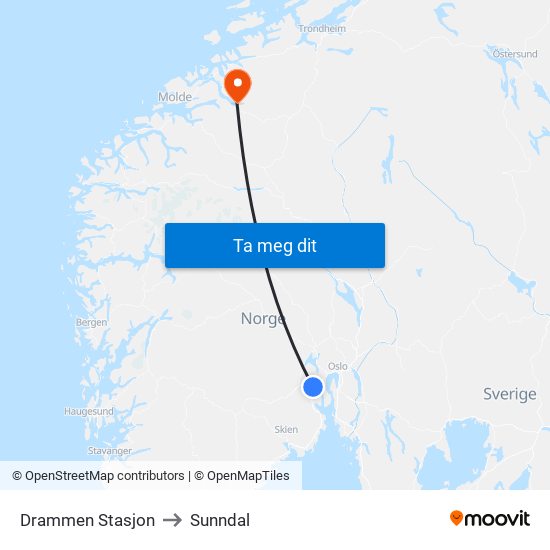 Drammen Stasjon to Sunndal map