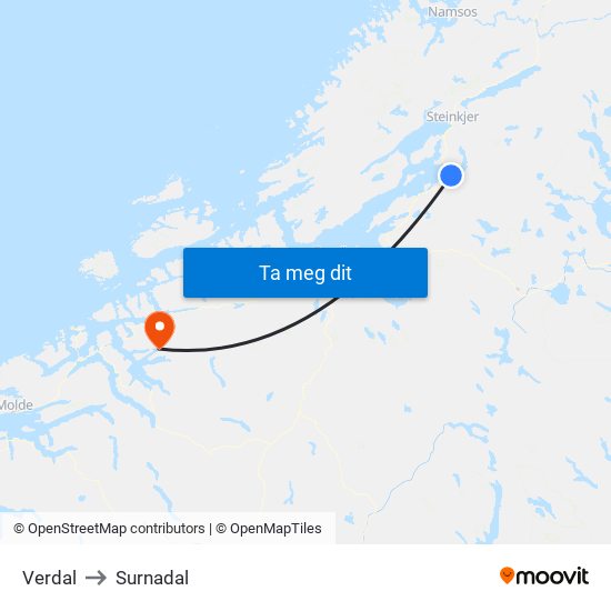 Verdal to Surnadal map