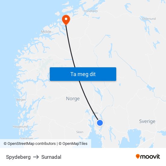 Spydeberg to Surnadal map