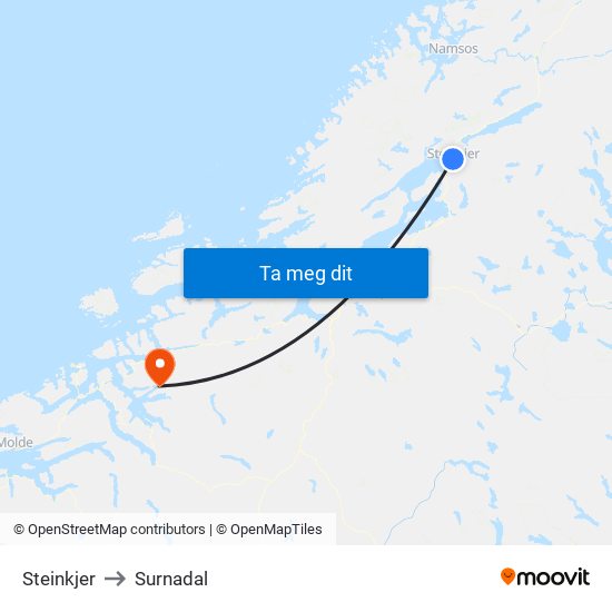 Steinkjer to Surnadal map