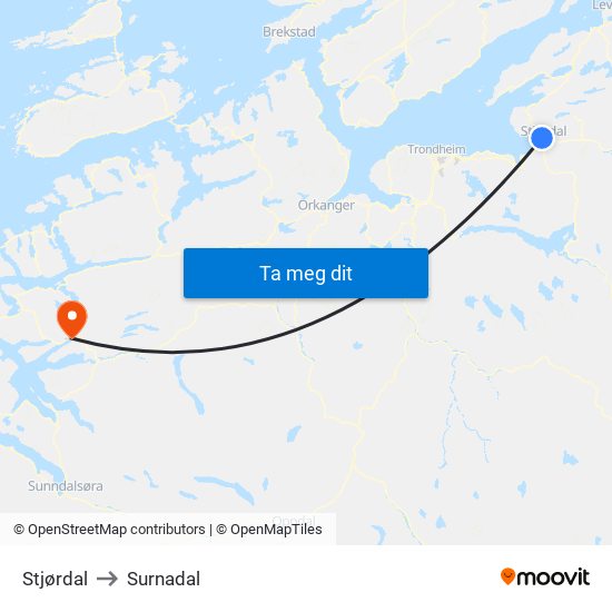 Stjørdal to Surnadal map