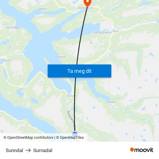 Sunndal to Surnadal map