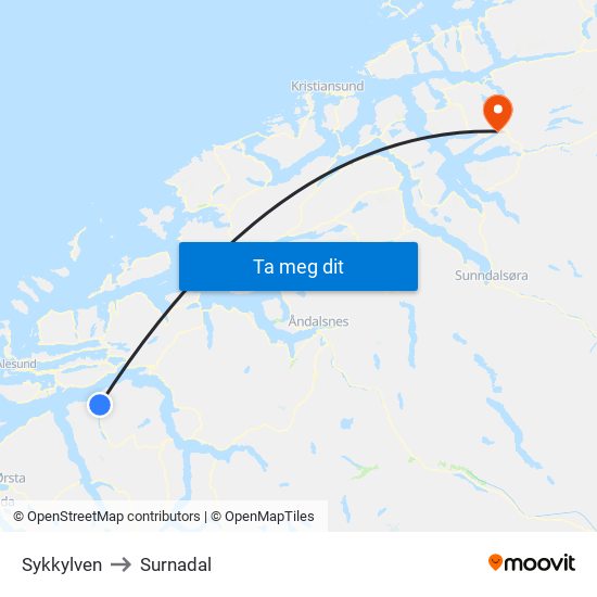 Sykkylven to Surnadal map