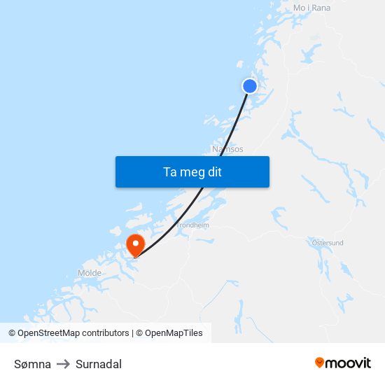 Sømna to Surnadal map