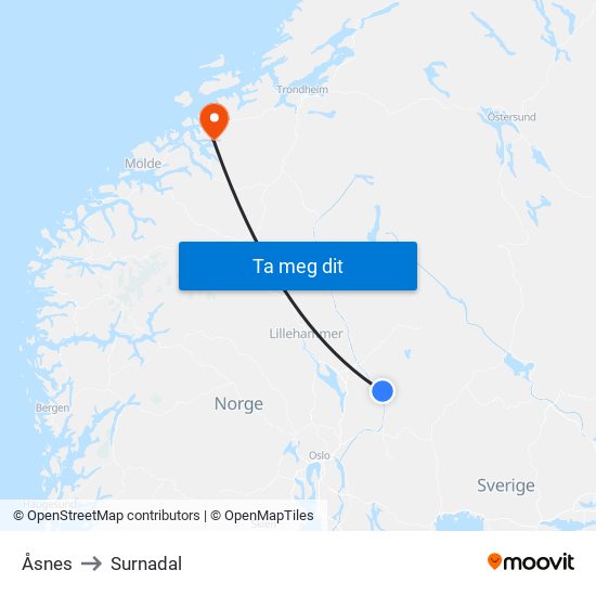 Åsnes to Surnadal map