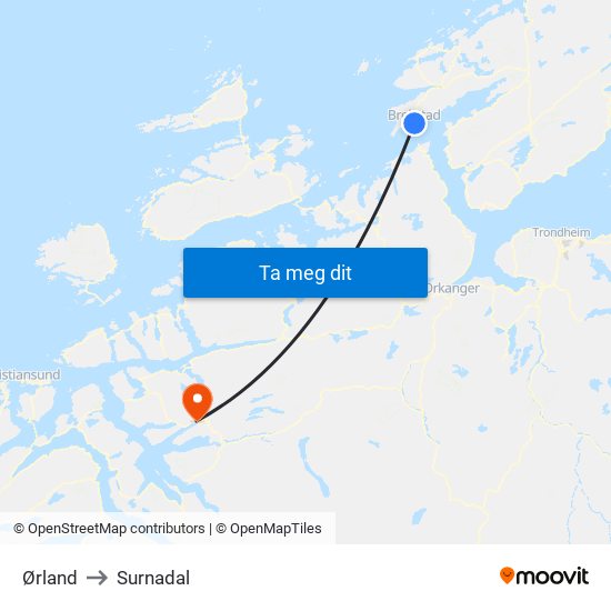 Ørland to Surnadal map