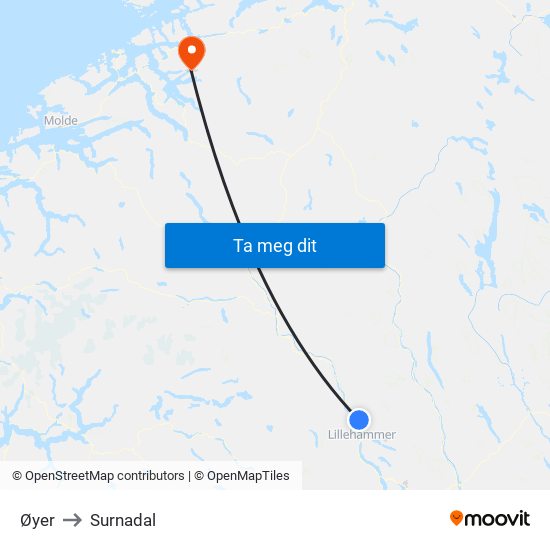 Øyer to Surnadal map