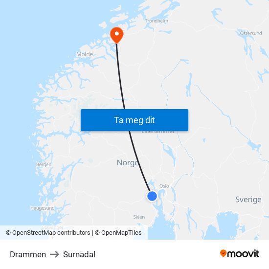 Drammen to Surnadal map
