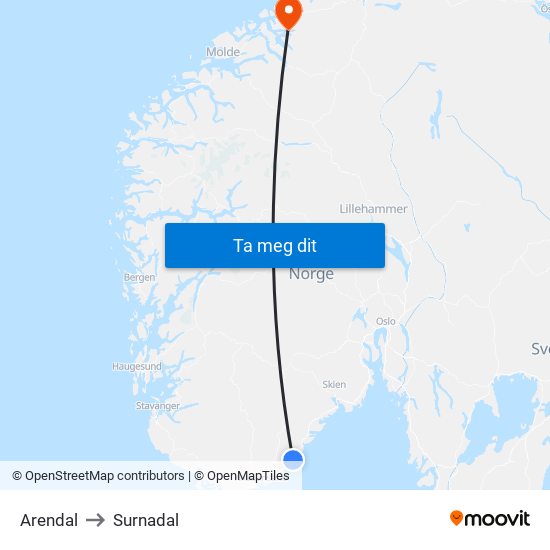 Arendal to Surnadal map