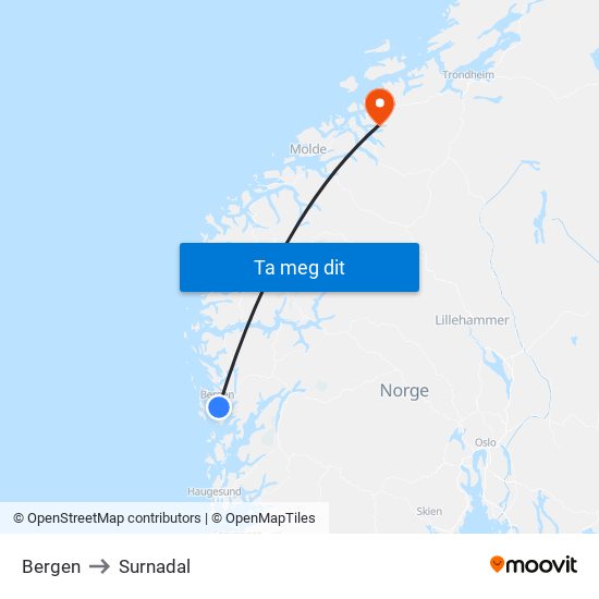Bergen to Surnadal map