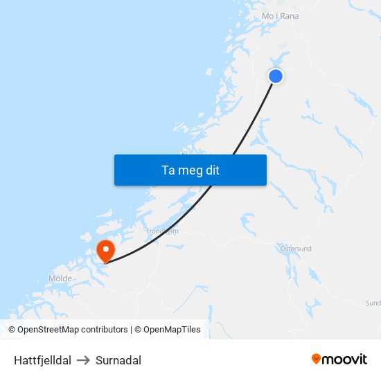 Hattfjelldal to Surnadal map