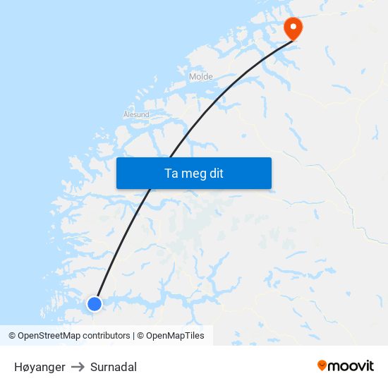 Høyanger to Surnadal map