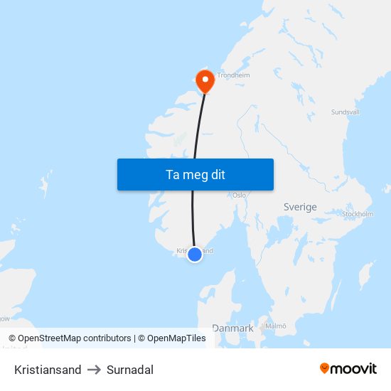 Kristiansand to Surnadal map