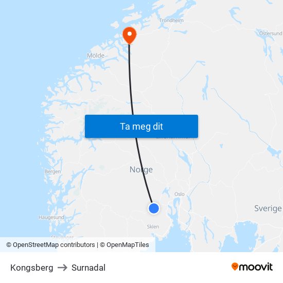 Kongsberg to Surnadal map