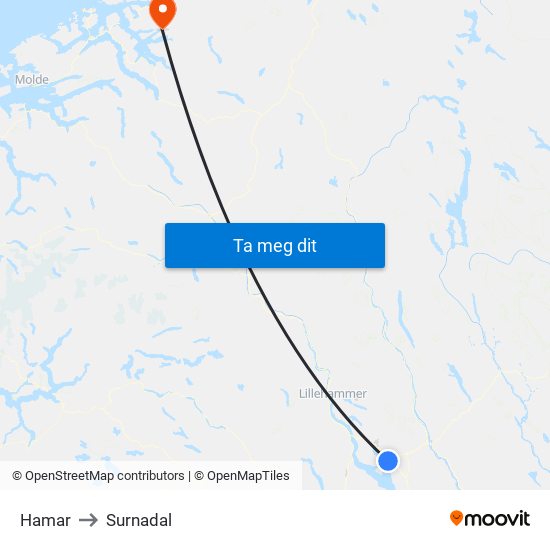 Hamar to Surnadal map