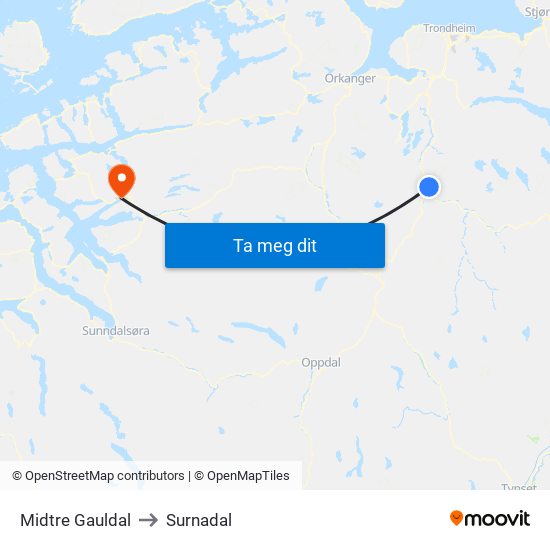 Midtre Gauldal to Surnadal map