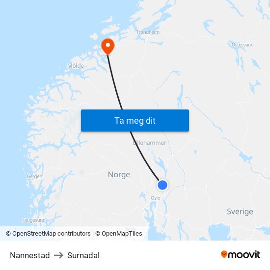 Nannestad to Surnadal map