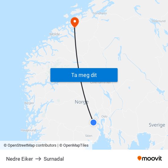 Nedre Eiker to Surnadal map