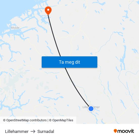 Lillehammer to Surnadal map