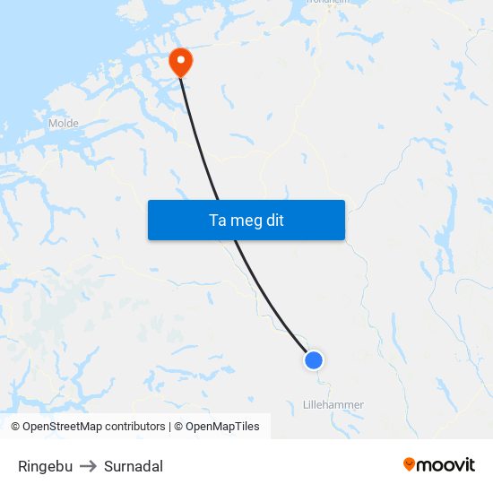 Ringebu to Surnadal map