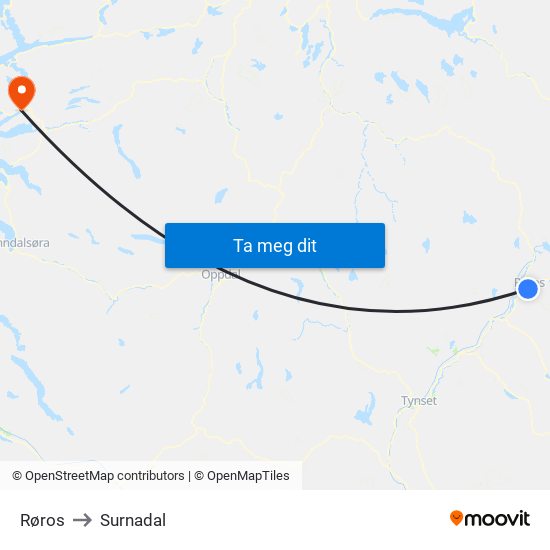 Røros to Surnadal map