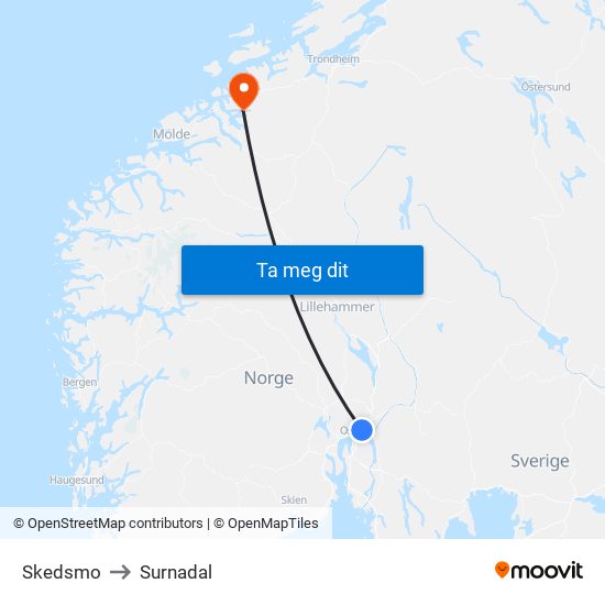 Skedsmo to Surnadal map