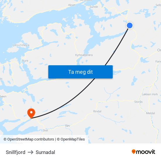 Snillfjord to Surnadal map