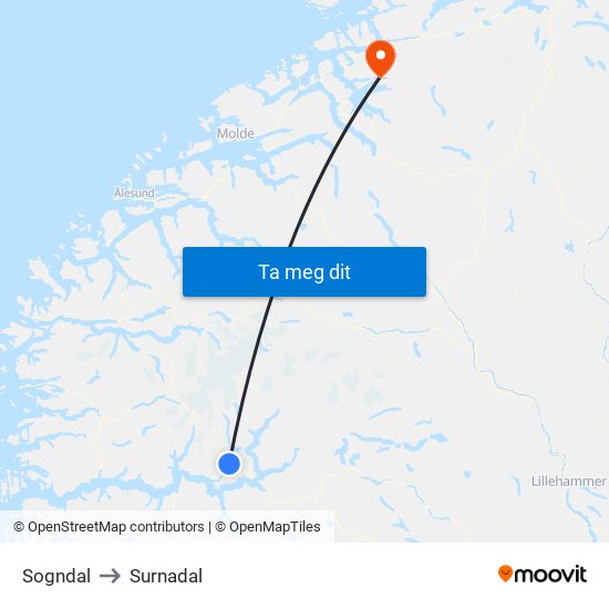 Sogndal to Surnadal map