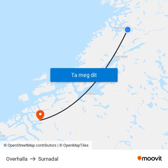 Overhalla to Surnadal map